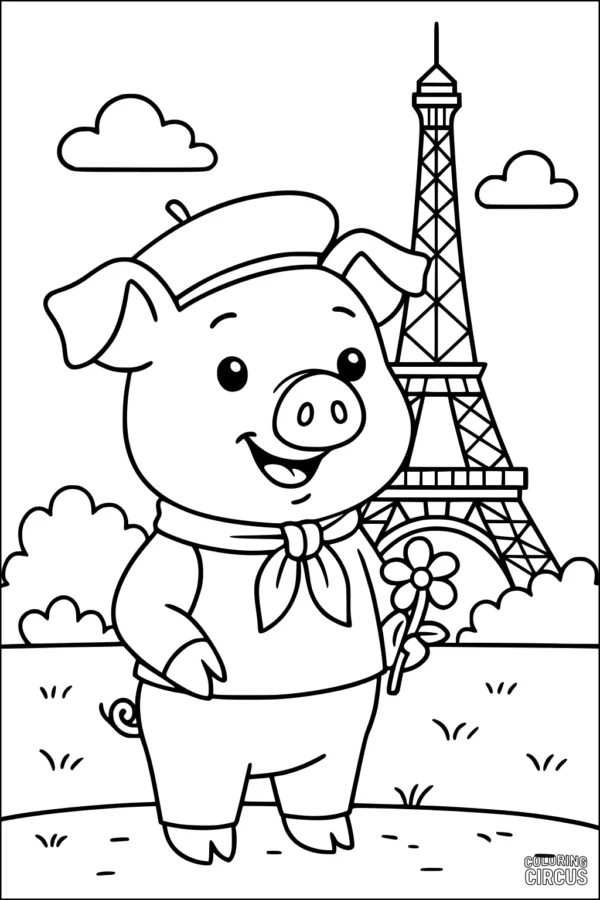 Coloring page friendly pig in Paris near Eiffel Tower wearing beret and scarf