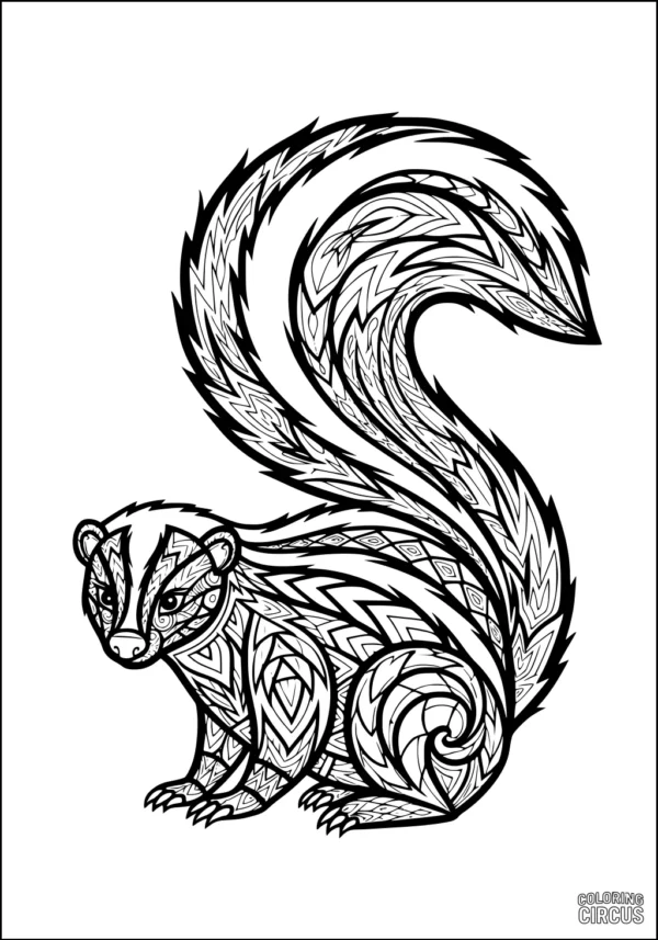 Coloring page featuring a detailed patterned skunk with intricate designs suitable for older children and adults