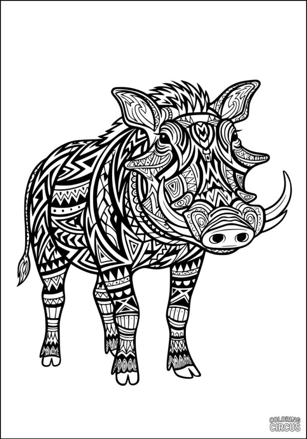 Coloring page of a detailed patterned warthog with tribal and geometric designs