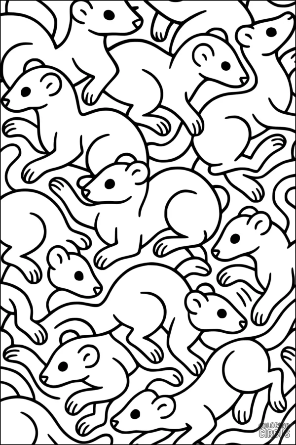 Coloring page with cute repeating weasel pattern, simple cartoon style for children.