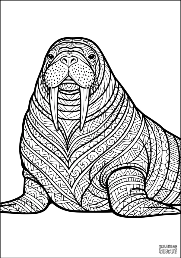 Coloring page featuring a detailed patterned walrus with intricate designs