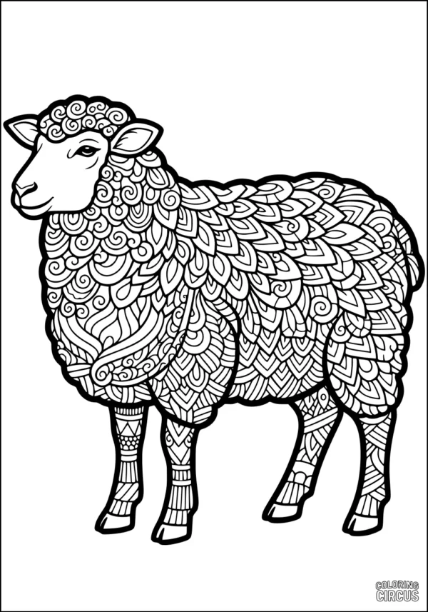 Coloring page featuring a sheep with intricate patterned wool, suitable for advanced coloring and creative expression
