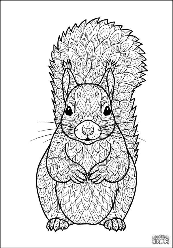 Coloring page featuring a beautifully patterned squirrel with detailed fur and bushy tail for kids and adults