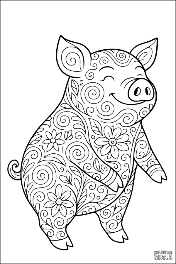 Coloring page featuring a smiling pig with floral and swirl patterns on its body