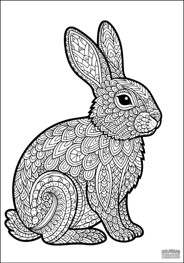 Coloring page featuring an intricately patterned rabbit with detailed ornamental designs