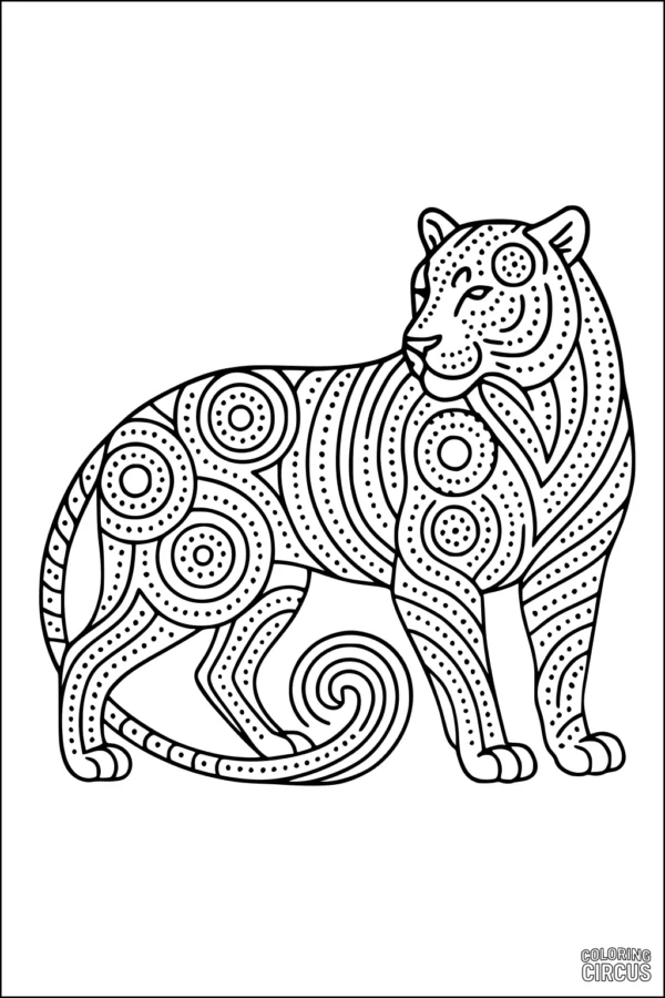Coloring page featuring a tiger with bold decorative patterns and swirls, ideal for children and fans of animal art