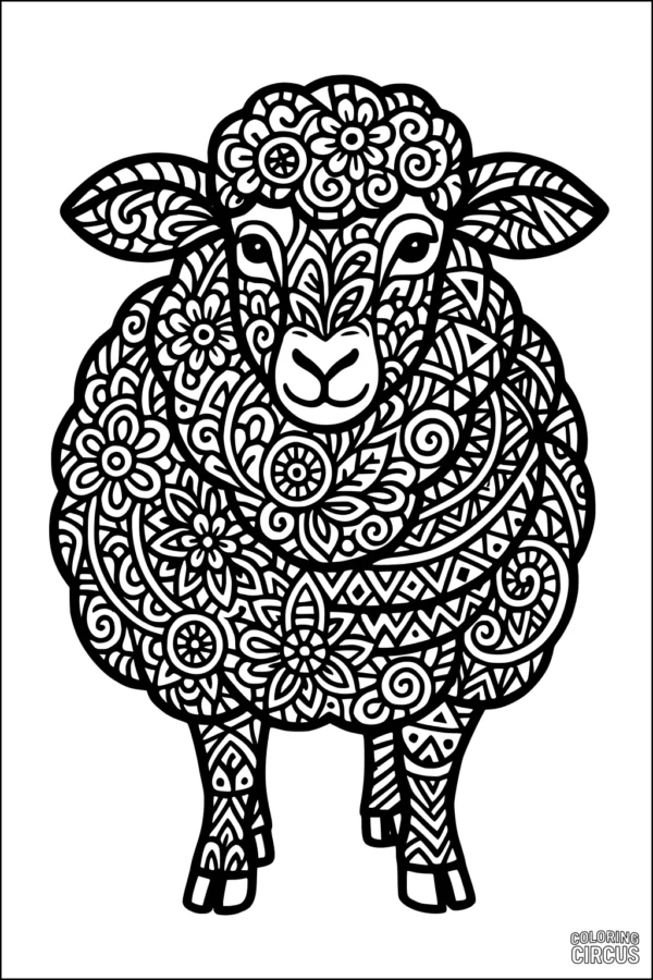Coloring page featuring a highly detailed sheep with intricate patterns and floral designs