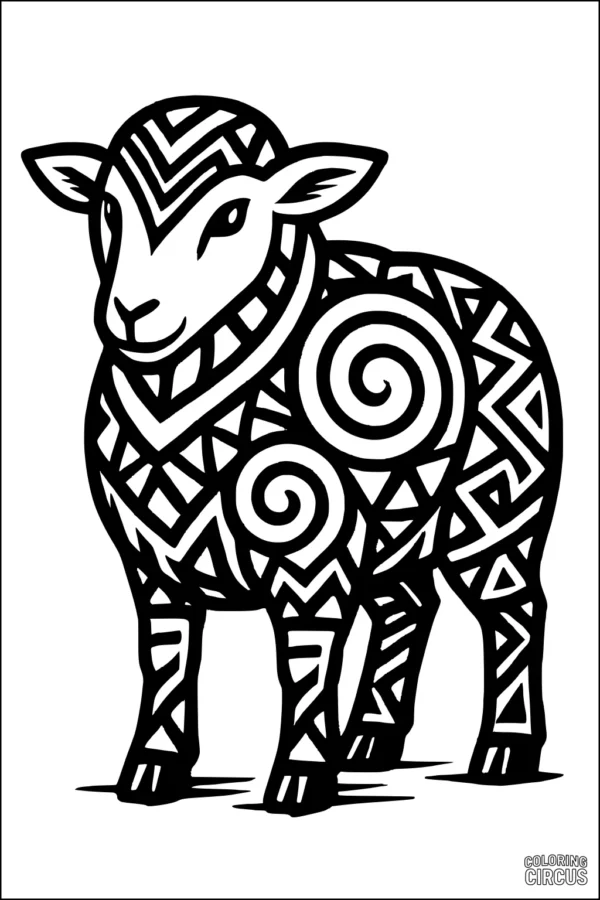 Coloring page featuring a sheep with bold geometric and spiral designs