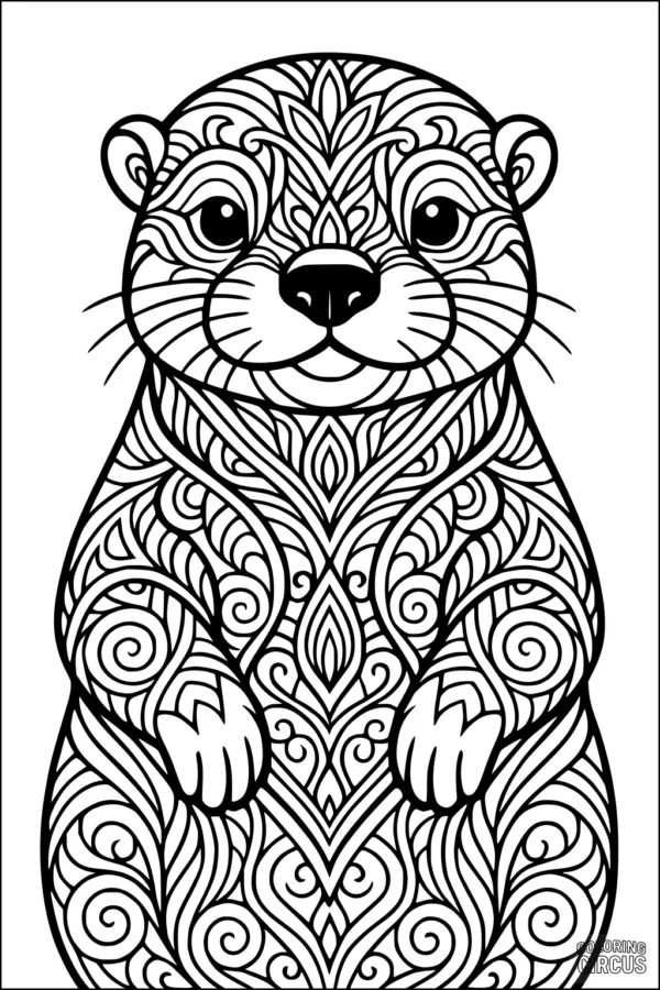 Coloring page of a detailed otter with intricate swirl and leaf patterns