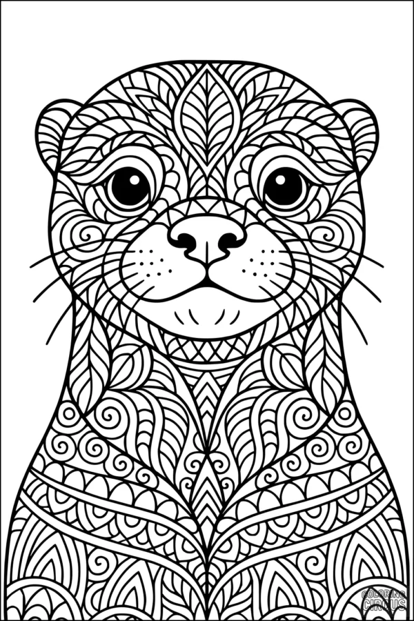 Coloring page of an intricately patterned otter with swirling and leafy designs