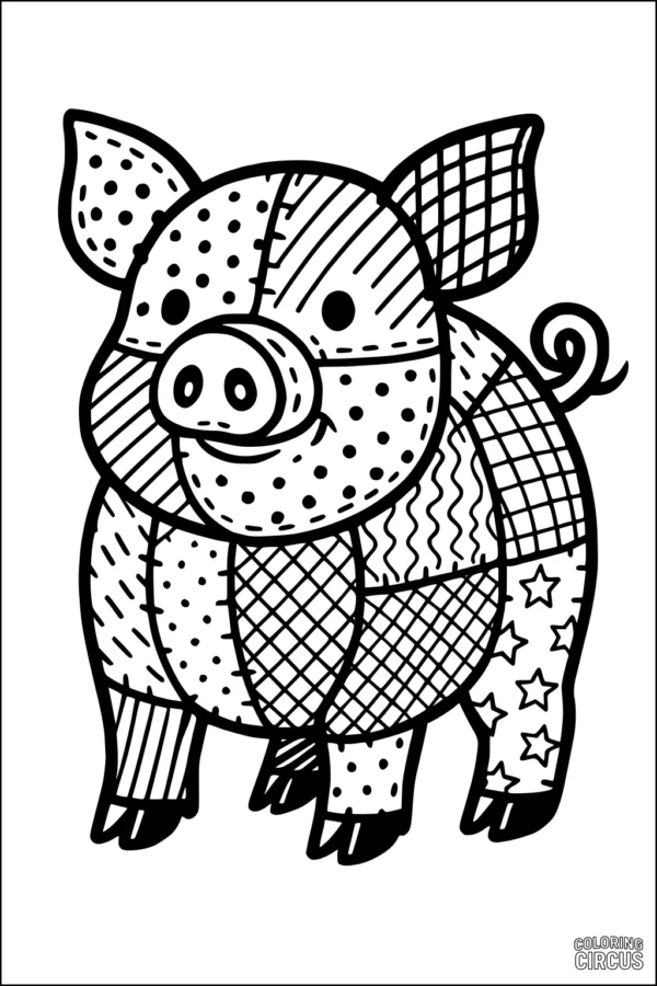 Coloring page of a whimsical pig with patchwork patterns, including dots, stripes, and stars