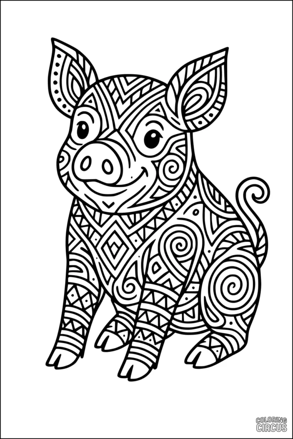 Coloring page of a pig covered in geometric and swirl patterns, sitting and smiling