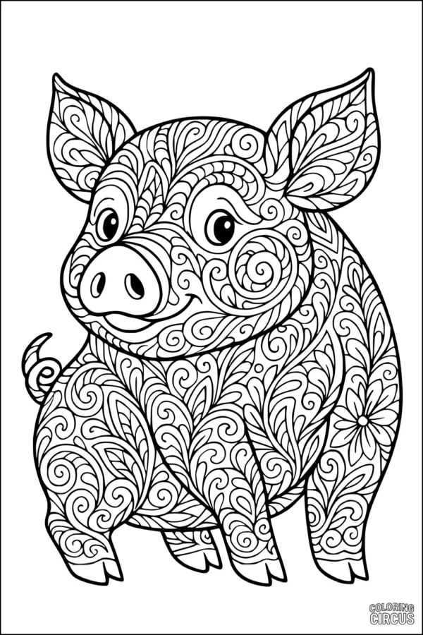 Coloring page featuring a pig with detailed paisley and floral patterns suitable for older children or adults.