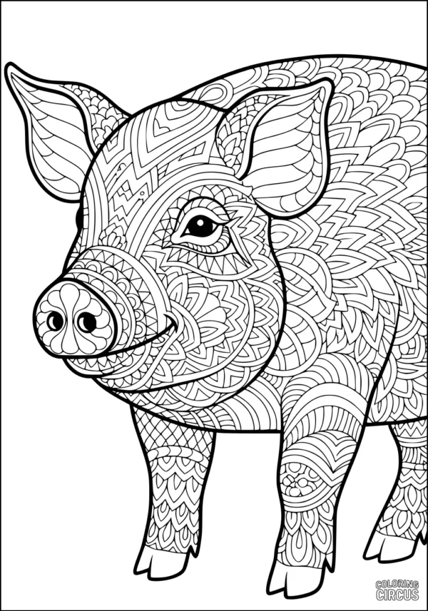 Coloring page featuring a patterned pig with intricate designs for advanced coloring