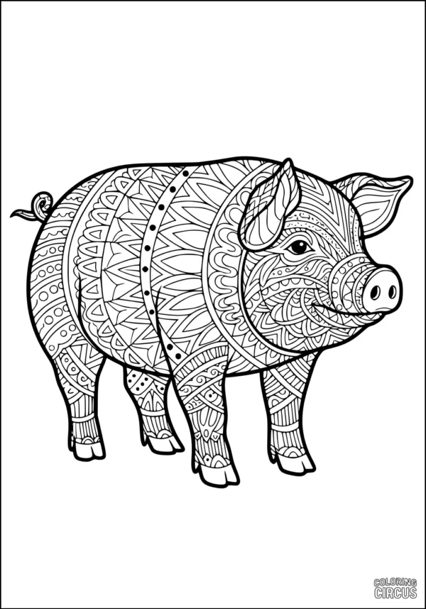 Coloring page of a pig with intricate geometric patterns for advanced kids and adults