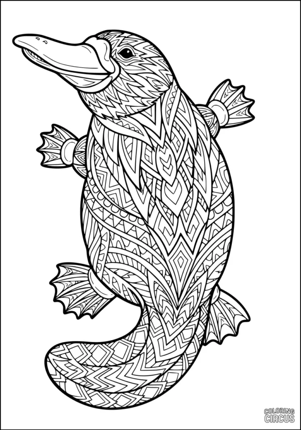 Coloring page of a detailed patterned platypus for kids and adults