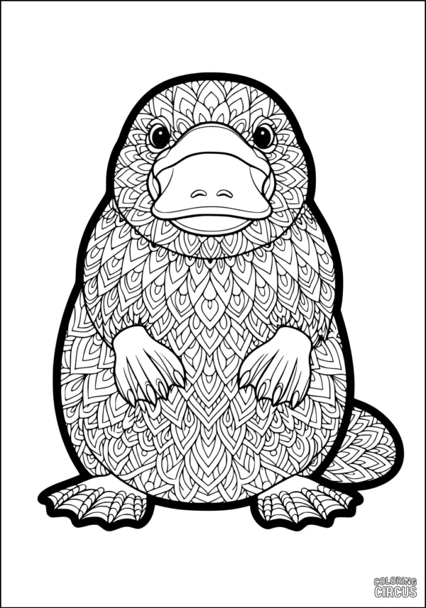 Coloring page detailed patterned platypus sitting with webbed feet