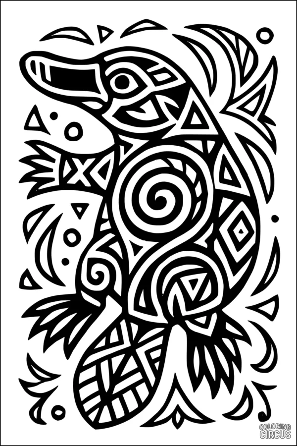 Coloring page with a stylized platypus and bold geometric tribal patterns