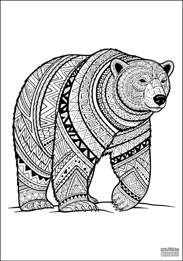 Coloring page of a polar bear covered in detailed tribal and geometric patterns