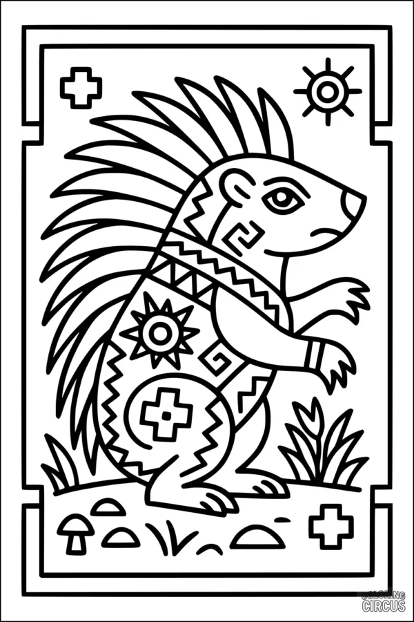 Coloring page featuring a porcupine with decorative patterns in a forest scene with sun and plants