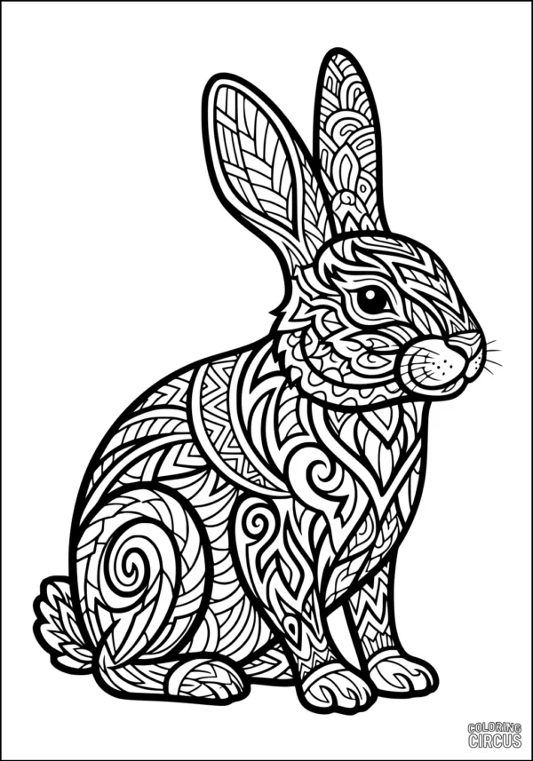 Coloring page featuring a detailed patterned rabbit with intricate designs and swirls