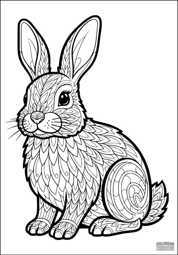 Coloring page of a detailed rabbit with intricate patterned fur and large expressive eyes