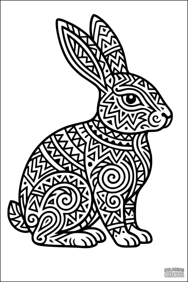 Coloring page of a rabbit filled with geometric and swirl patterns, suitable for older children and adults.