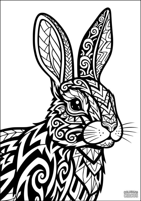 Coloring page with a highly detailed rabbit decorated in ornate, patterned designs