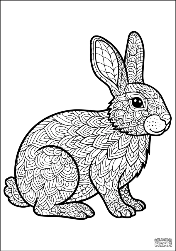 Coloring page of a rabbit covered in detailed, floral patterns, perfect for kids and adults