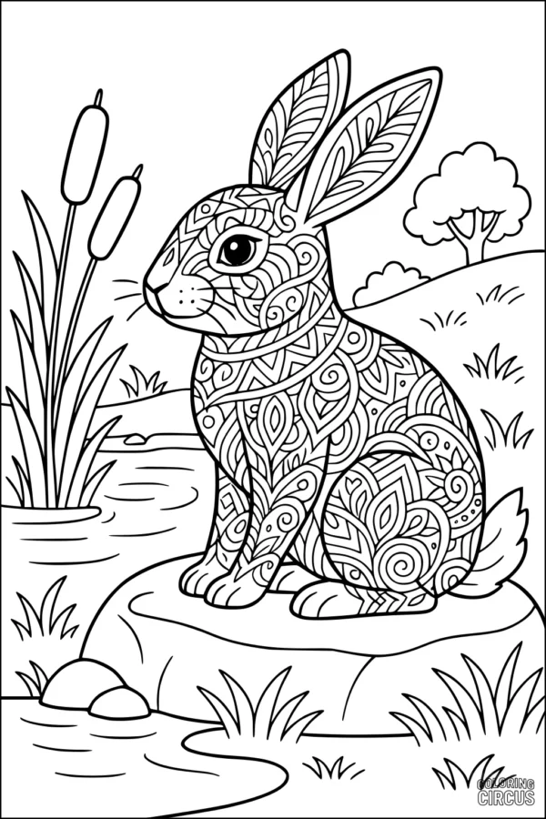Coloring page of a patterned rabbit sitting on a rock beside a pond with cattails, grass, and trees.