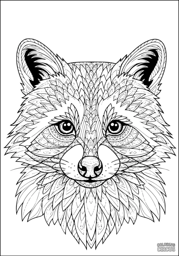 Coloring page featuring a detailed raccoon head with intricate patterned fur