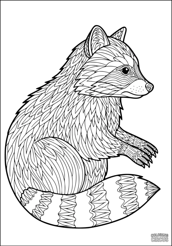 Coloring page of a raccoon with intricate patterned fur and tail