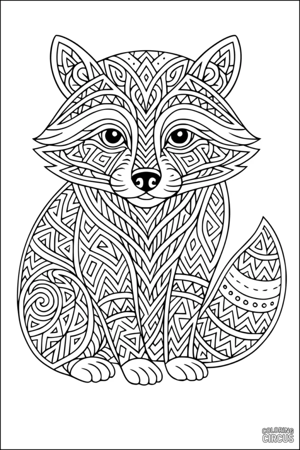 Coloring page of a raccoon with intricate geometric and swirl patterns sitting upright