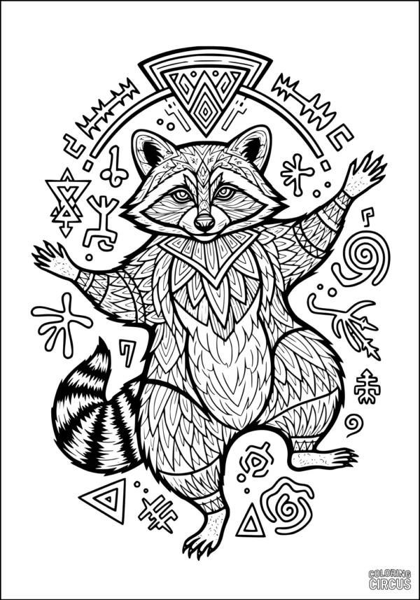Coloring page featuring a detailed raccoon surrounded by geometric and tribal patterns