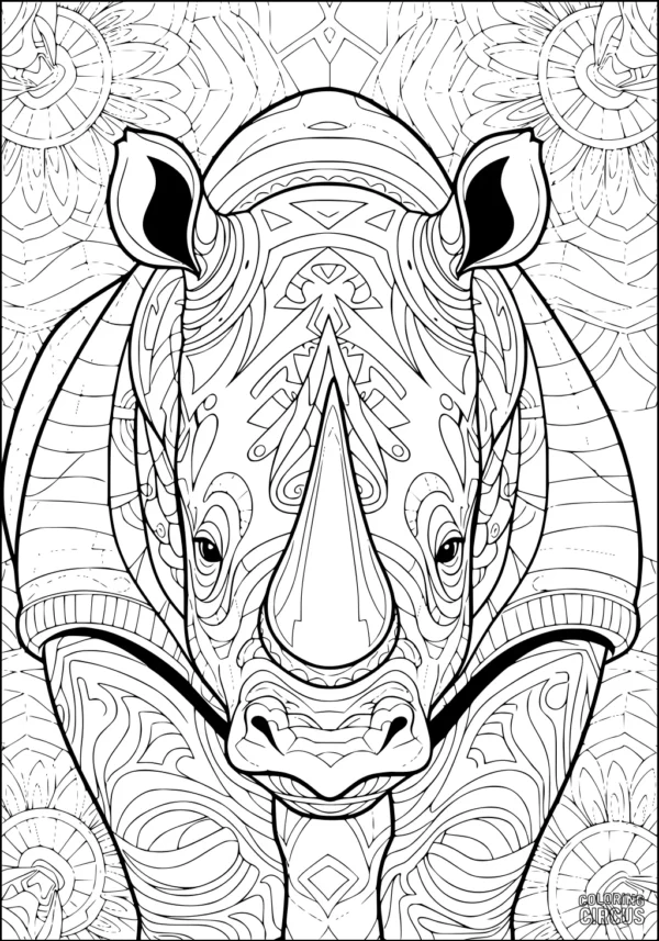 Coloring page with an intricate rhinoceros and detailed mandala background