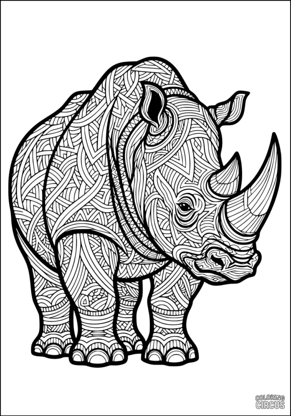 Coloring page featuring a rhinoceros with intricate decorative patterns