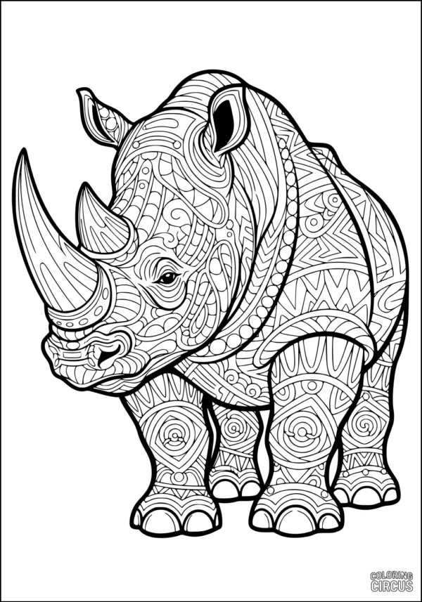Coloring page featuring a detailed patterned rhinoceros for art and education