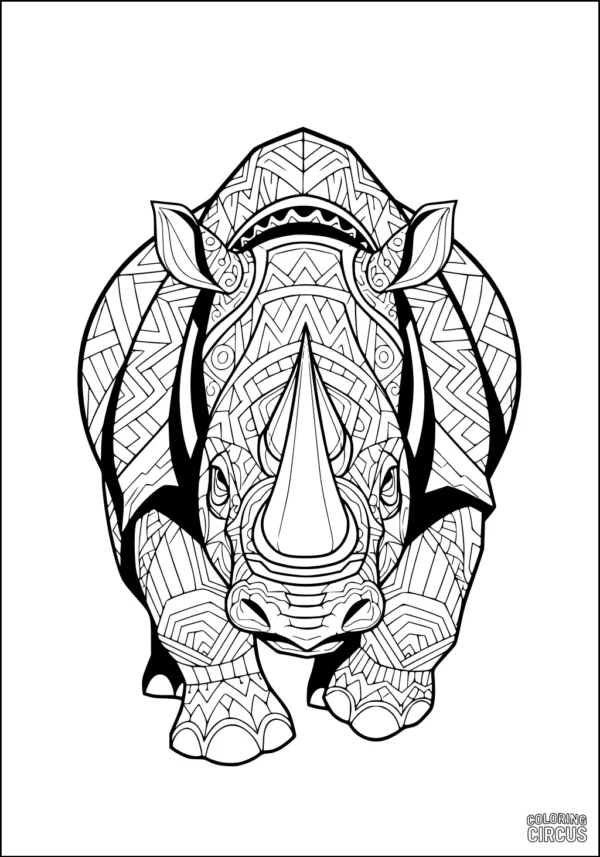 Coloring page with a rhinoceros decorated with geometric patterns
