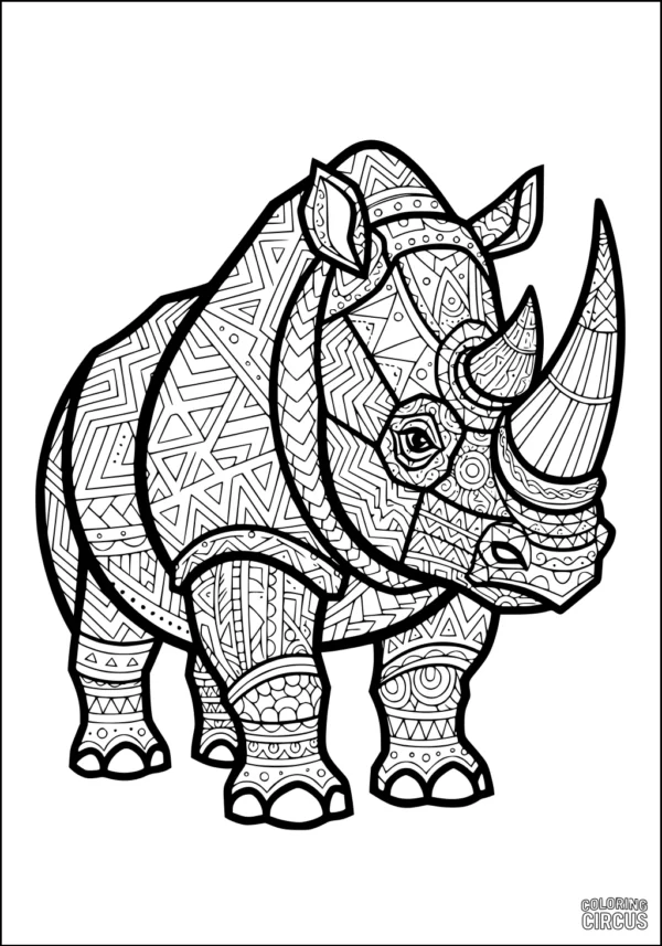 Coloring page featuring a rhinoceros with intricate geometric patterns for advanced coloring