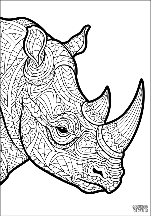 Coloring page featuring a detailed, patterned rhinoceros head with intricate designs
