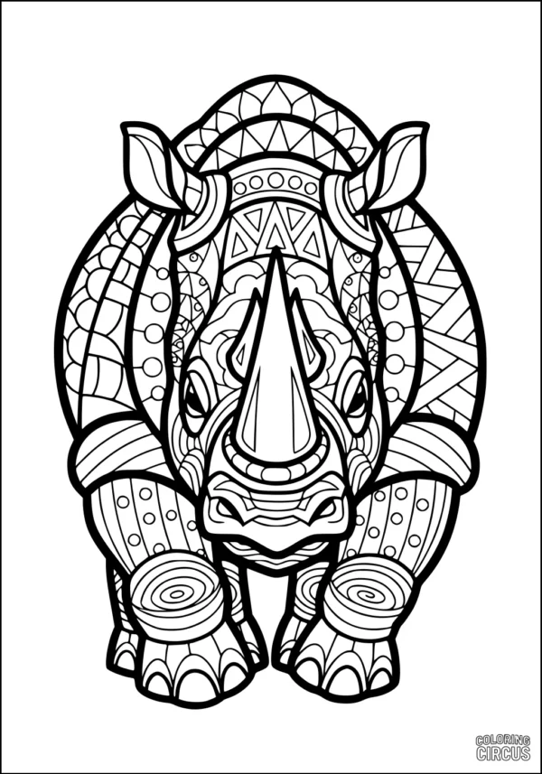 Coloring page featuring a detailed patterned rhinoceros facing forward with geometric and swirled designs