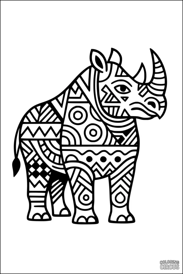 Coloring page featuring a rhinoceros with intricate geometric patterns and tribal designs