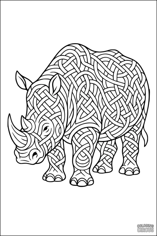 Coloring page featuring an intricately patterned rhinoceros with swirling designs for kids and adults