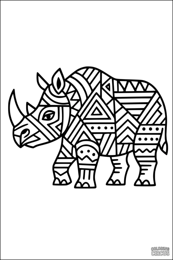 Coloring page showing a rhinoceros decorated with geometric patterns and shapes for children and adults to enjoy