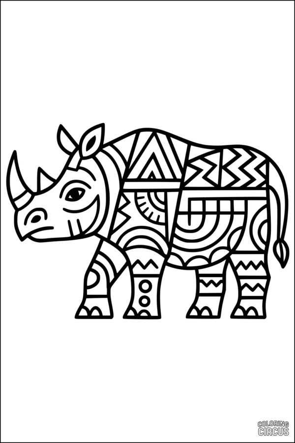 Coloring page of a geometric patterned rhinoceros for kids