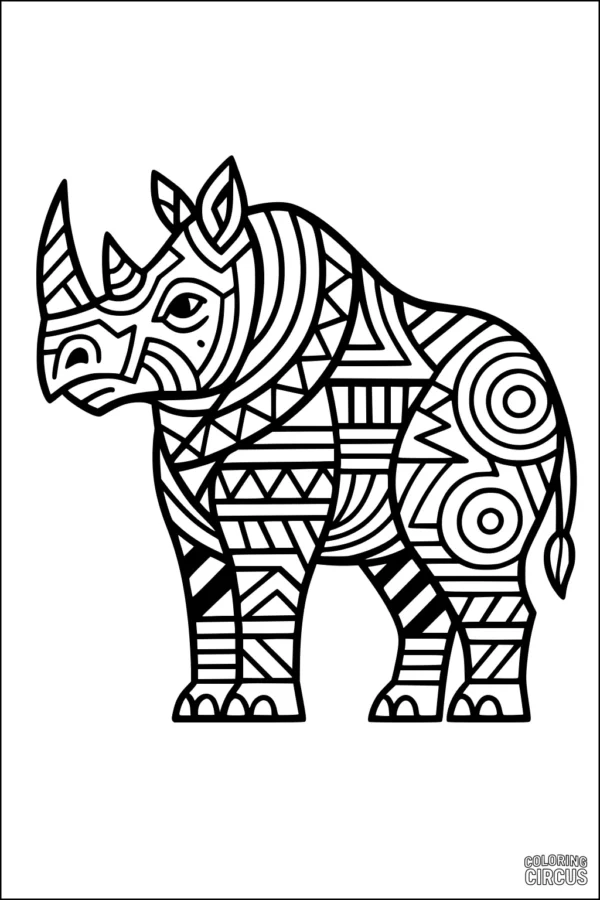 Coloring page featuring a rhinoceros with intricate geometric patterns and shapes