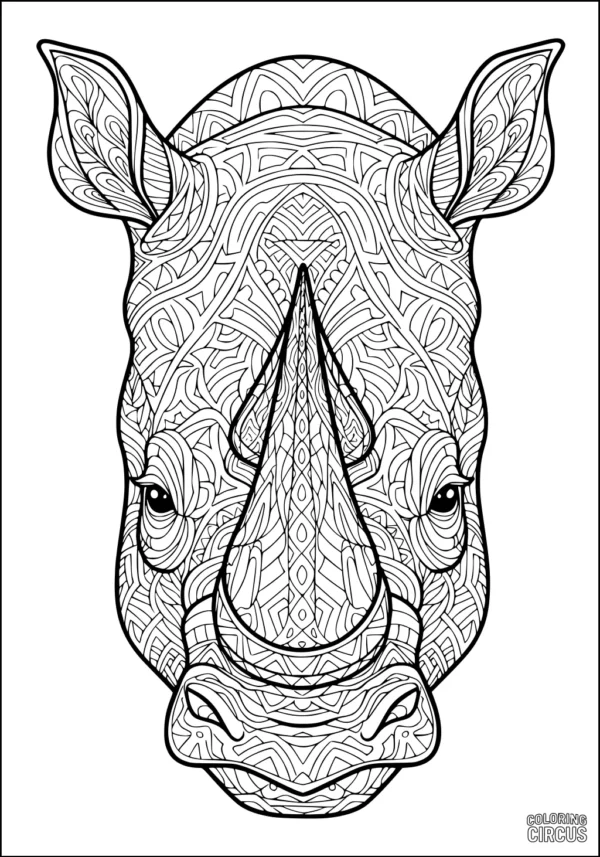 Coloring page of an intricate patterned rhinoceros head for kids and adults