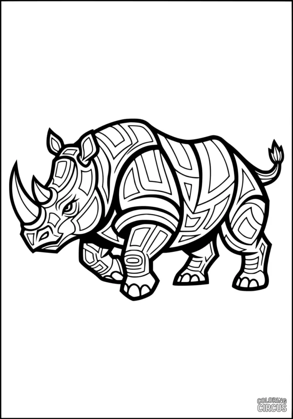 Coloring page featuring a rhinoceros with decorative patterns on its body
