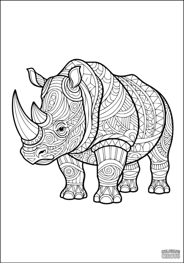 Coloring page of a rhinoceros with intricate swirling patterns and geometric designs, perfect for older kids and adults