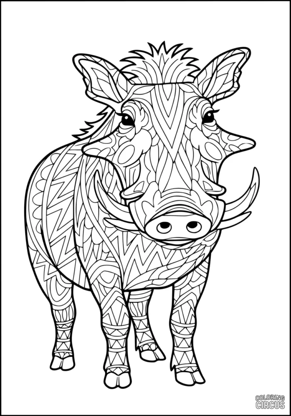 Coloring page featuring a highly detailed warthog with intricate geometric patterns, suitable for advanced coloring and art therapy.